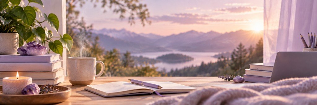 Escritorio de práctica frente a un paisaje de montañas al amanecer